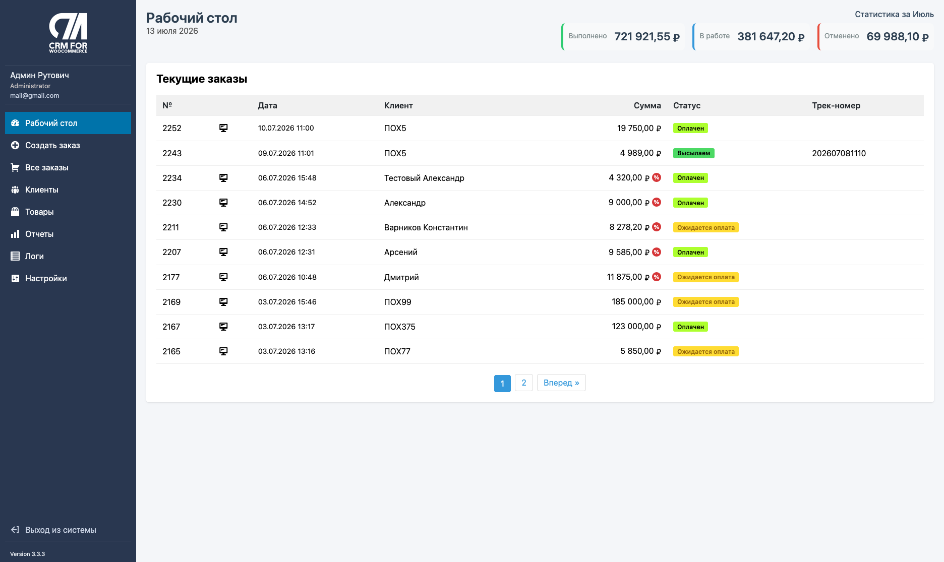 Рабочий стол OrderCRM for WooCommerce: управление заказами WooCommerce и статистика за месяц